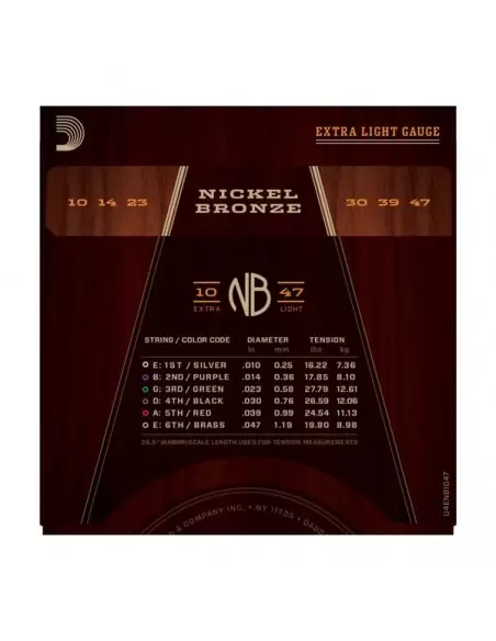 Струни для гітар D'ADDARIO NB1047 NICKEL BRONZE EXTRA LIGHT 10-47