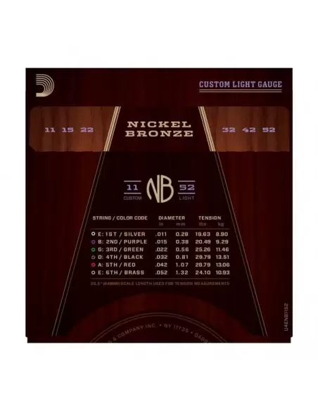 Струни для гітар D'ADDARIO NB1152 NICKEL BRONZE CUSTOM LIGHT 11-52