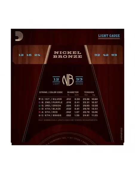 Струни для гітар D'ADDARIO NB1253 NICKEL BRONZE LIGHT 12-53