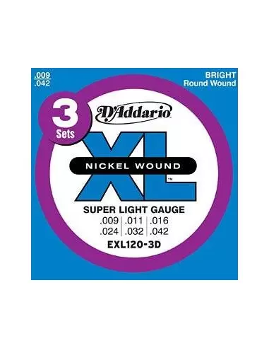 Струни для гітар D'ADDARIO EXL120 - 3D XL SUPER LIGHT(09-42) - 3 SET