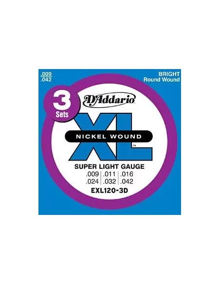 Струни для гітар D'ADDARIO EXL120 - 3D XL SUPER LIGHT(09-42) - 3 SET