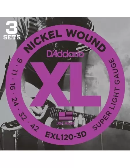 Струни для гітар D'ADDARIO EXL120 - 3D XL SUPER LIGHT(09-42) - 3 SET