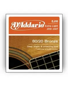Струни для гітар D'ADDARIO EJ10 80/20 BRONZE EXTRA LIGHT 10-47