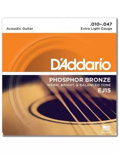 Струны для гитар D`ADDARIO EJ15 PHOSPHOR BRONZE EXTRA LIGHT 10-47