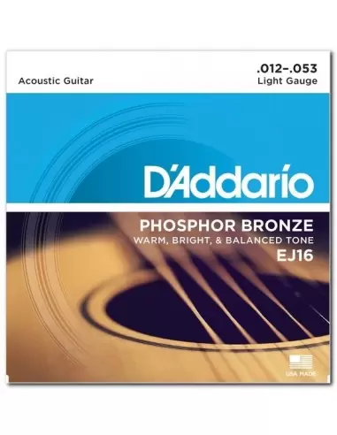 Струны для гитар D`ADDARIO EJ16 PHOSPHOR BRONZE LIGHT 12-53