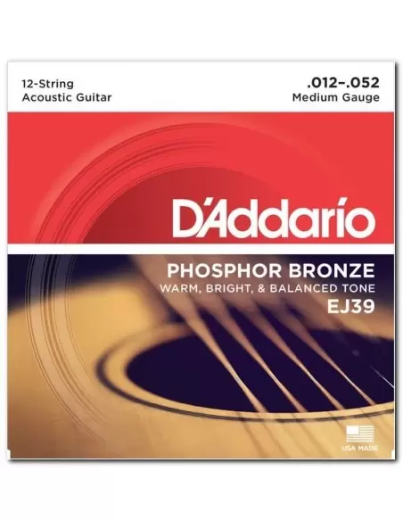 Струни для гітар D'ADDARIO EJ39 PHOSPHOR BRONZE MEDIUM 12 - STRING 12-52