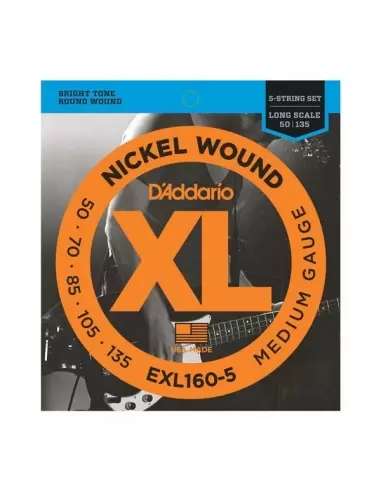 Струни для гітар D'ADDARIO EXL160 - 5 XL MEDIUM 5 STRING 50-135