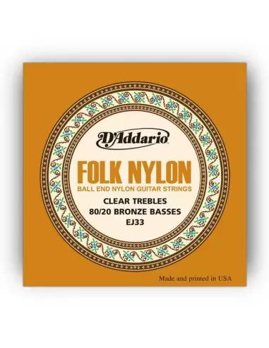 Струни для гітар D'ADDARIO EJ33 FOLK NYLON 80/20 Bronze Ball End Clear Treble