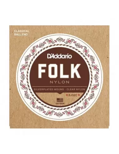 Струни для гітар D'ADDARIO EJ32C FOLK NYLON Ball End Silver Wound / Clear Treble