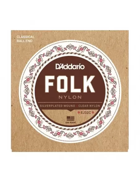 Струны для гитар D`ADDARIO EJ32C FOLK NYLON Ball End Silver Wound / Clear Treble