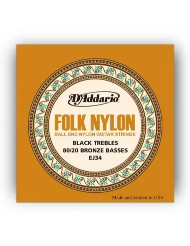 Струни для гітар D'ADDARIO EJ34 FOLK NYLON 80/20 Bronze Ball End Black Treble